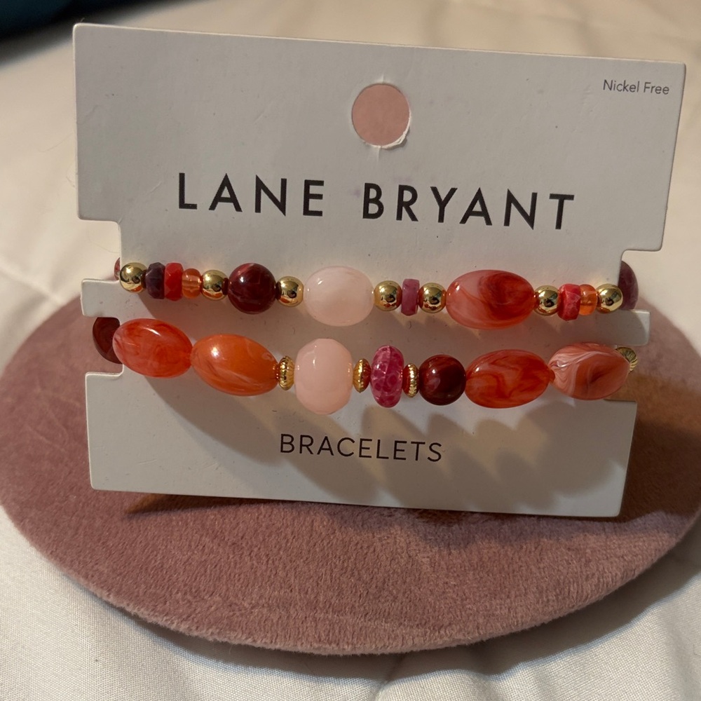 Lane Bryant Pink and Red Beaded Stretch Bracelet Duo with Gold Accents